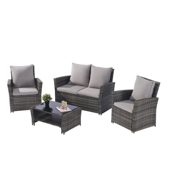 Zeus & Ruta 4-Piece Wicker Patio Conversation Set with Tempered Glass Coffee Table, Gray Cushions for Porch, Garden, Balcony