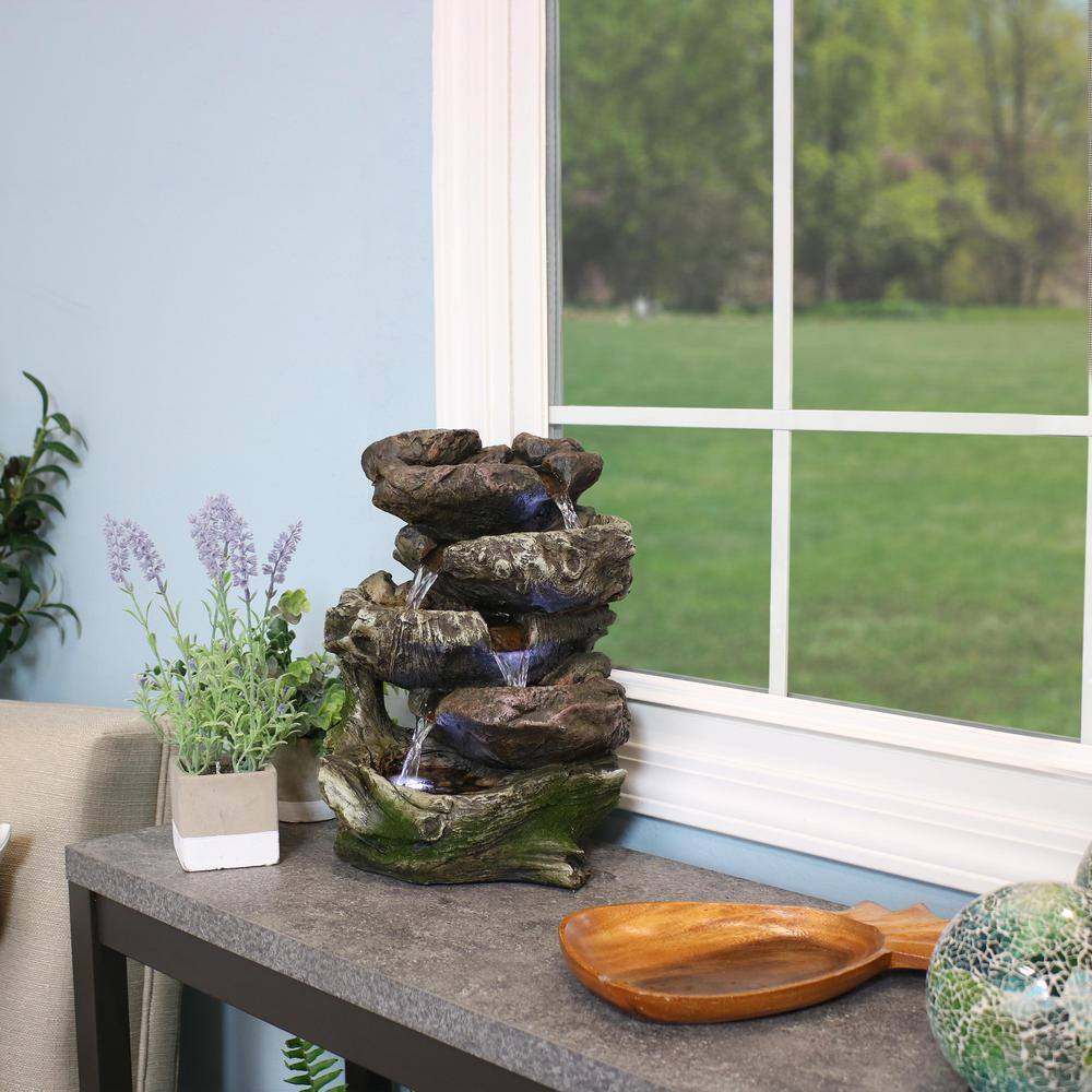 Rustic Dark Brown Polyresin 14" Tabletop Fountain with LED Lights