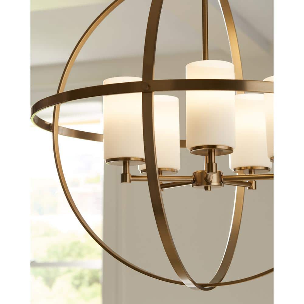 Elegant Satin Brass 5-Light Chandelier with White Glass Shades