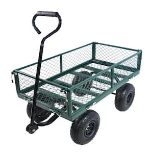 3.5 cu.ft. Steel Garden Cart, Removable Sides Utility Wagon Cart with Shovel and Tyre Pump, Grass Green