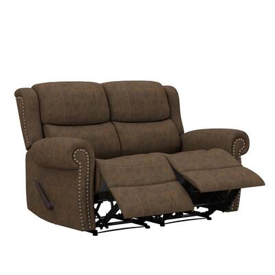 60.5 in. Distressed Saddle Brown Polyester 2-Seater Reclining Loveseat with Nailheads