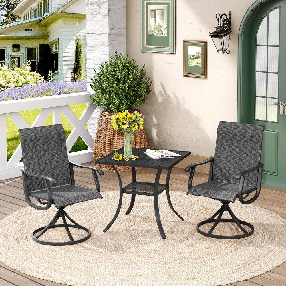 All Weather 3-Piece Metal Outdoor Dining Set with 27.6 in. Black Square Table and 2 Dark Grey Swivel Dining Chairs price history on PriceWatchPro