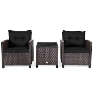 3-Piece Wicker PE Rattan Patio Conversation Set with Black Cushions