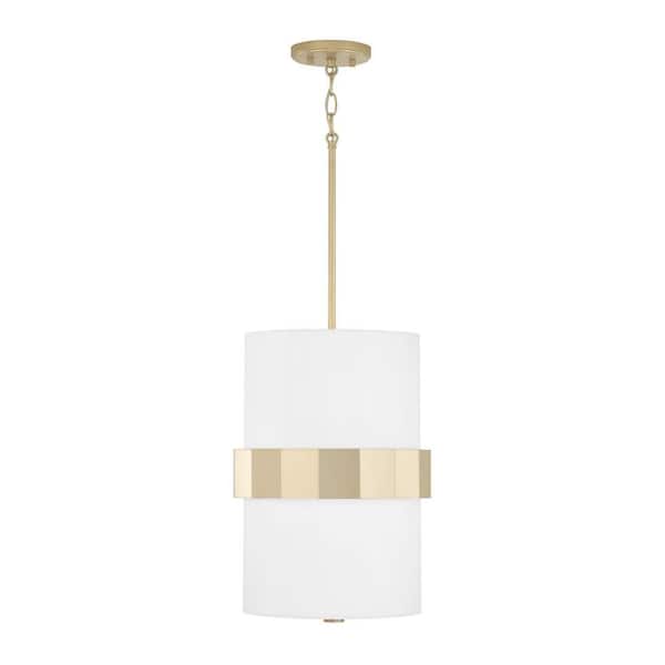 Sutton 12 in. W x 18 in. H 2-Light Drum Pendant in Soft Gold with White Fabric Shade and Frosted Glass Diffuser
