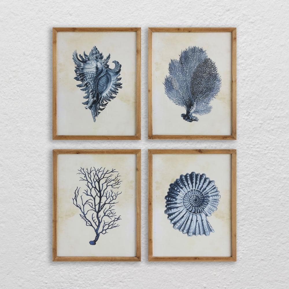 Blue Shells and Coral Wood Framed Wall Art Set