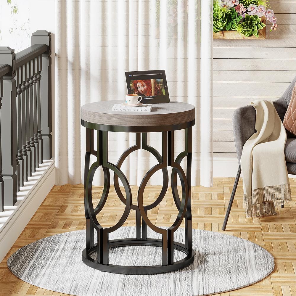 17.72 in. Rustic Brown Round Engineered Wood End Table, Side Table Nightstand with Metal Hollow Frame - thumbnail 8