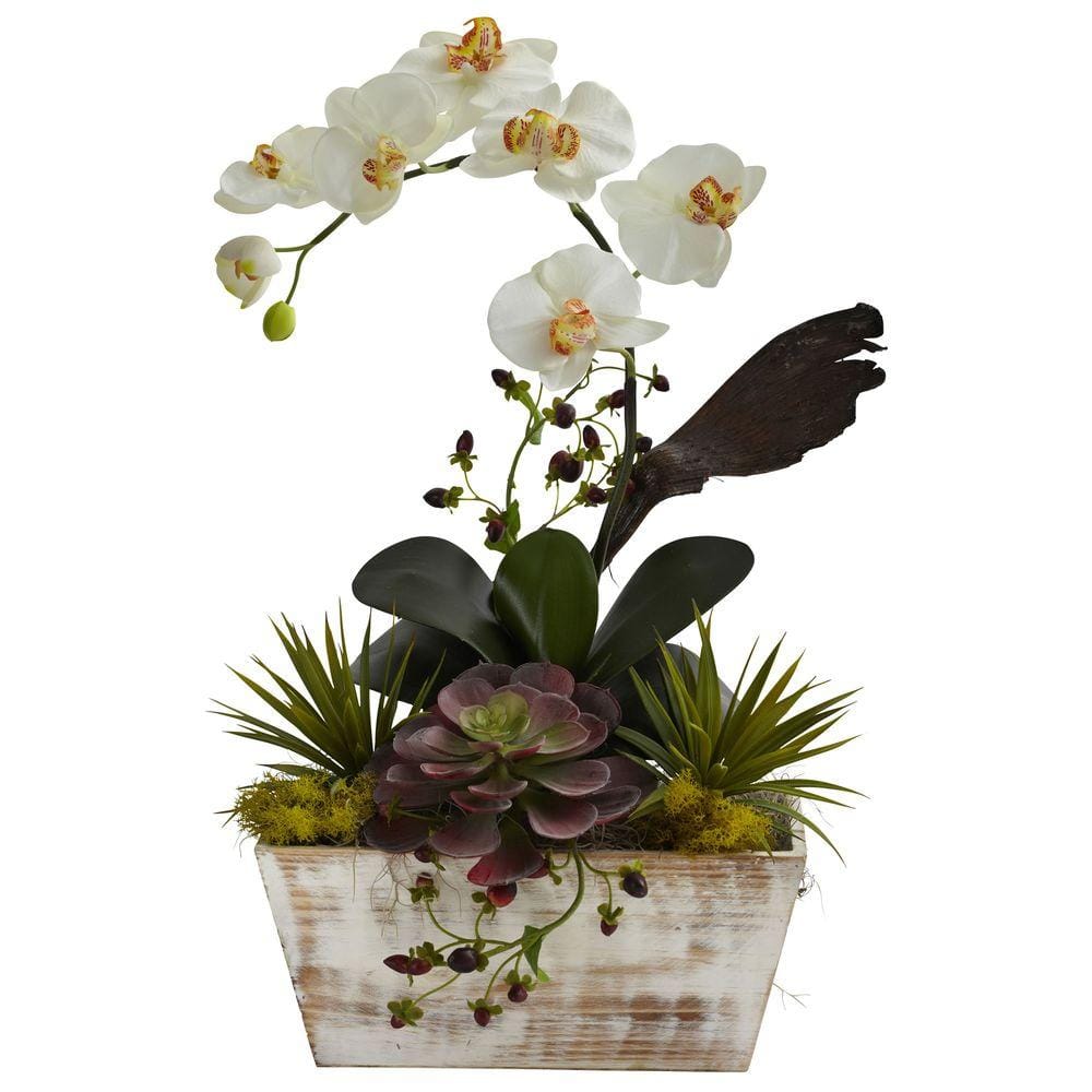 Nearly Natural Orchid And Succulent Garden With White Wash Planter 1326 The Home Depot