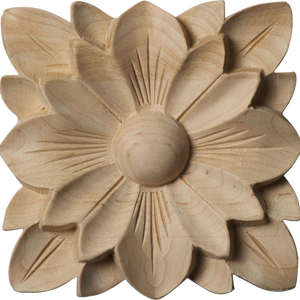 Unfinished Rubberwood Square Flower Rosette Applique