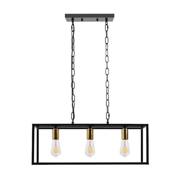Emeritpro 3-Light Black and Gold Industrial Rectangular Island Pendant Light with Metal Shade E26 Base, No Bulbs Included