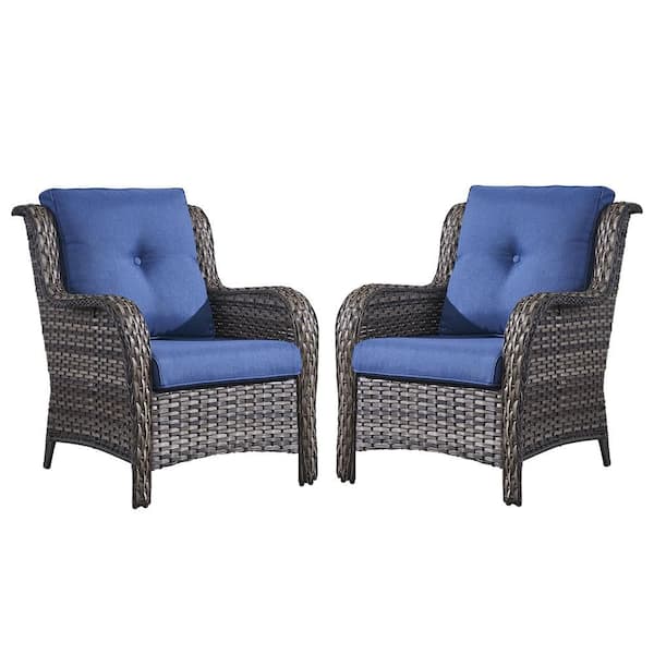 Gray Wicker Outdoor Patio Lounge Chair with CushionGuard Blue Cushions (2-Pack)