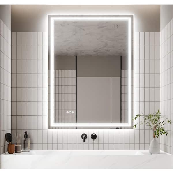 EAKYHOM 36 in. W x 48 in. H Rectangular Frameless Anti-Fog Wall Dimmable Backlit Dual LED Bathroom Vanity Mirror in Silver