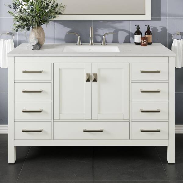 Eviva Aberdeen 54 in. W x 22 in. D x 34 in. H Single Sink Freestanding Bath Vanity in White with White Carrara Quartz Top