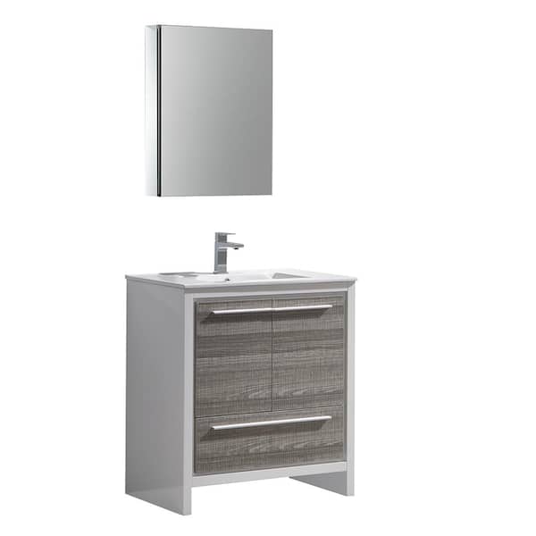 Fresca Allier Rio 30 in. Modern Bathroom Vanity in Ash Gray with Ceramic Vanity Top in White and Medicine Cabinet