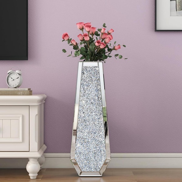 30 in. Tall Silver Floor Vase Crushed Diamond Mirror Vases for Decor Living Room