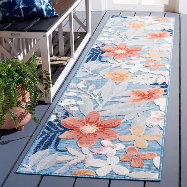 Cabana Aqua/Rust 2 ft. x 7 ft. High-Low Floral Leaf Indoor/Outdoor Runner Rug
