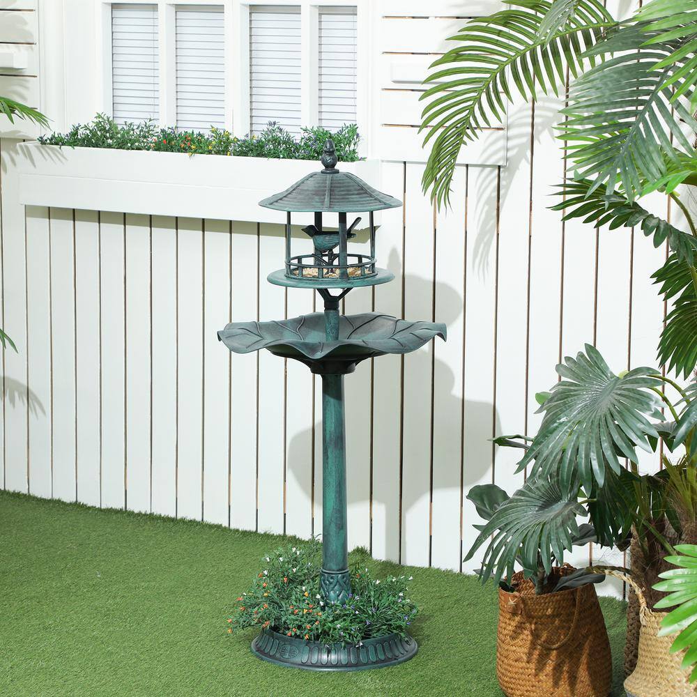 Green Plastic 3-in-1 Garden Bird Bath Bowl Pedestal with Feeder