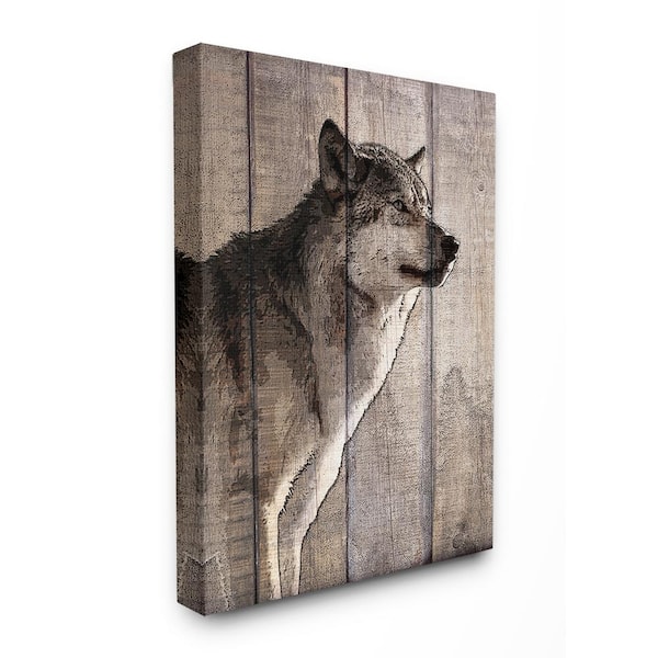 Stupell Industries 24 in. x 30 in. "Brown Wolf Planked Look Photography" by Kimberly Allen Canvas Wall Art