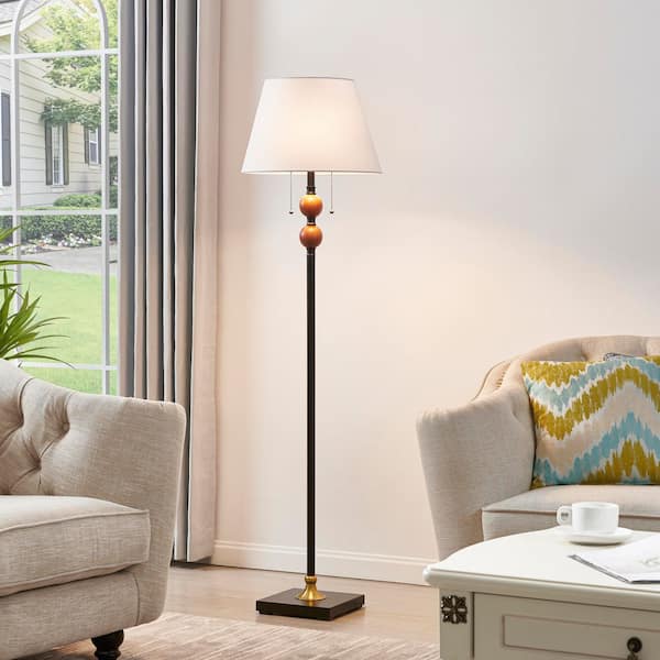 61 in. Painted Black 2-Light Standard Floor Lamp for Living Room with Fabric Drum Shade
