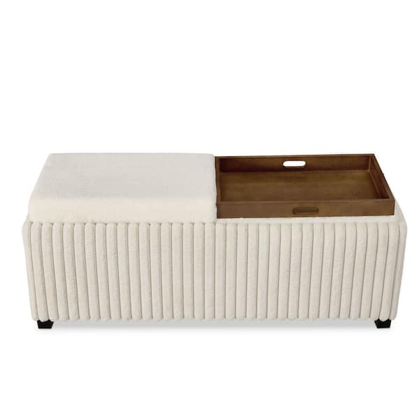 Wolfhart White Corduroy 48 in. Bedroom Bench With Storage and Removable Tray