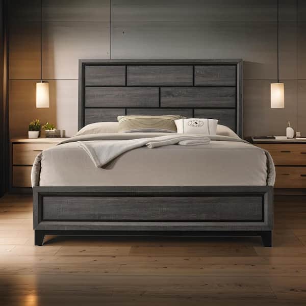 Erica Gray and Black Wood Frame Twin Size Panel Bed with Headboard