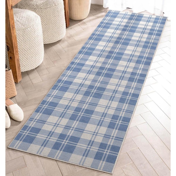 Blue 2 ft. 3 in. x 7 ft. 3 in. Runner Apollo Plaid Farmhouse Geometric Area Rug