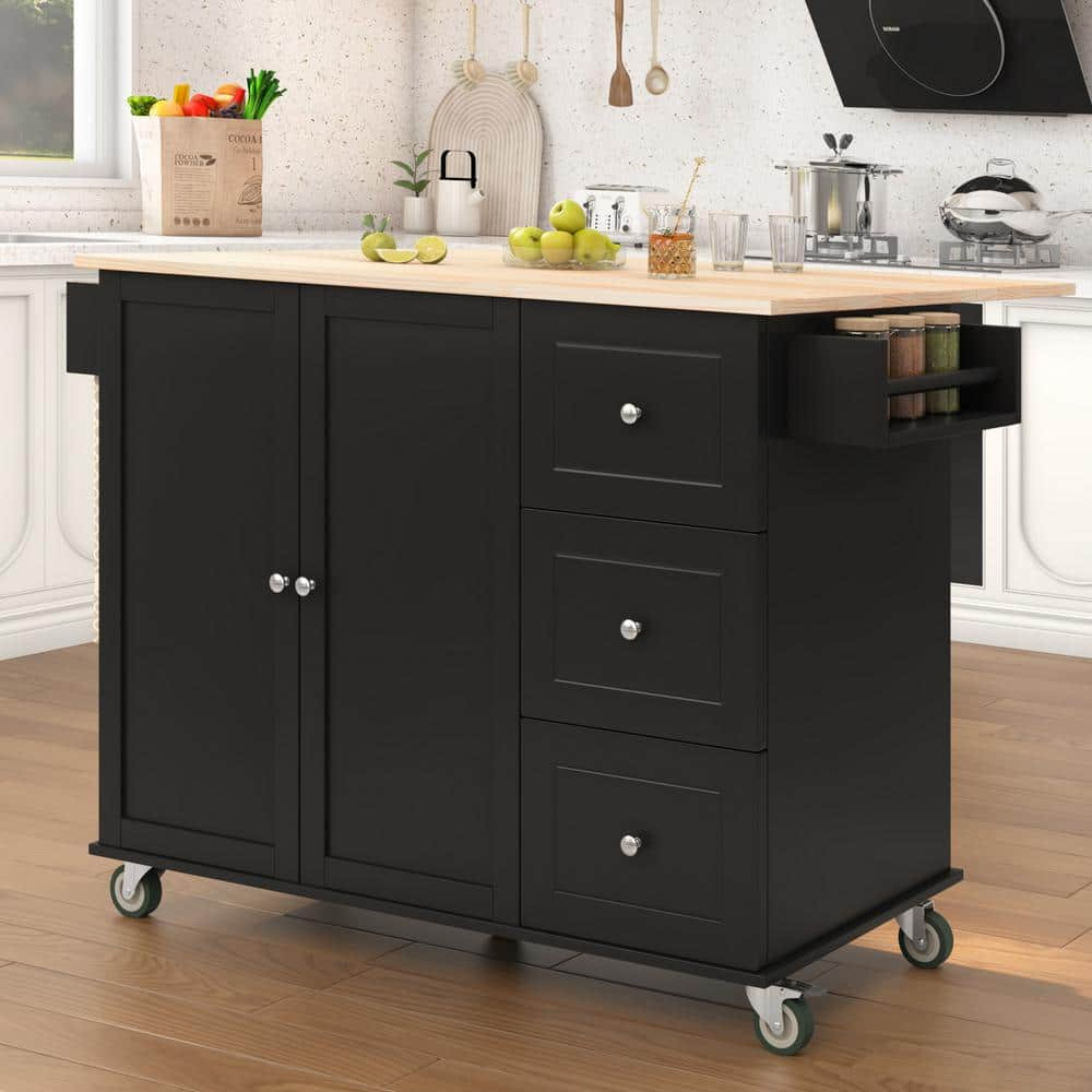 FAMYYT Balck Drop Leaf Rubberwood Countertop 53 in. Kitchen Island with Adjustable Shelves