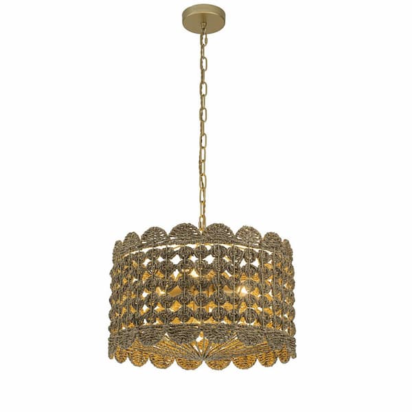 Riva 18 in. 4-Light Brown Natural Coastal Boho Scalloped Pendant Light for Dining Room with Seagrass Shade