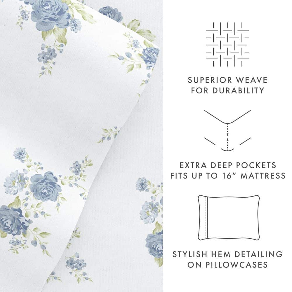 Light Blue Floral Cotton Flannel Queen Sheet Set