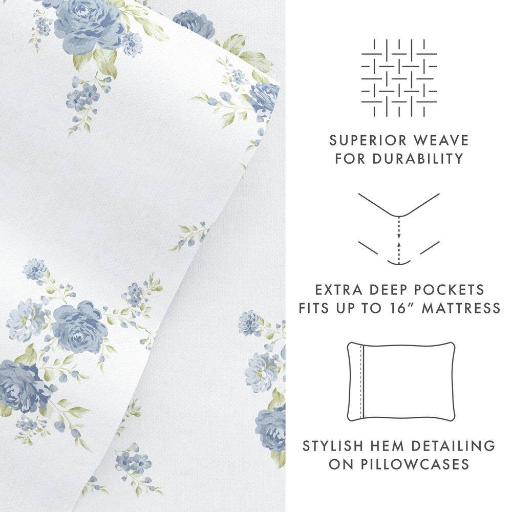 Light Blue Floral Cotton Flannel Twin Sheet Set with Deep Pockets