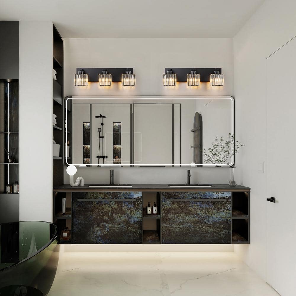 Black Metal 3-Light Vanity Fixture with Crystal Cube Shades