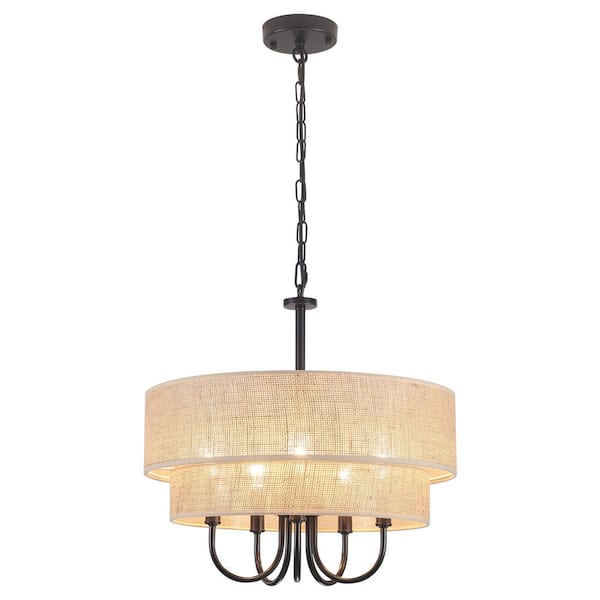 LWYTJO 5-Light Black 2-Tier Candle Chandelier with Coarse Hemp Rope Fabric Shade
