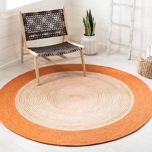 Braided Orange Ivory Doormat 3 ft. x 3 ft. Border Striped Round Area Rug