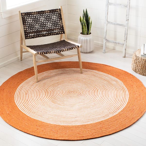 Braided Orange Ivory 6 ft. x 6 ft. Border Striped Round Area Rug