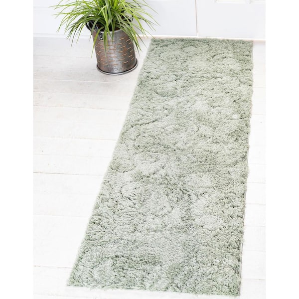 Floral Shag Carved Green 2' 0 x 6' 7 Runner Rug