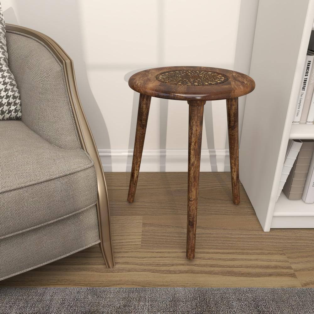 Handcrafted Dark Brown Mango Wood Floral Carved Round Accent Table