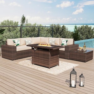 7-Piece Outdoor Fire Pit Patio Set, Patio Sectional Set with Fire Pit Table, Coffee Table, Beige Cushions, Set Covers