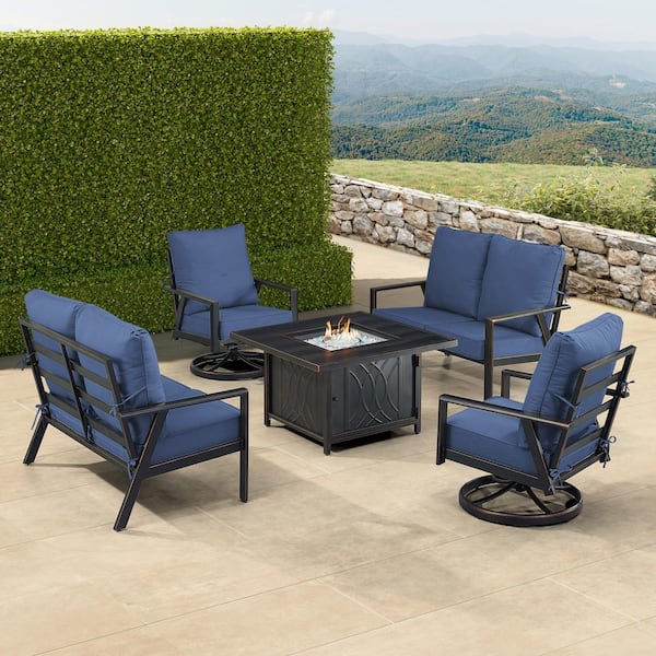 Oakland Living Black 6-Piece Aluminum Patio Fire Pit with 2-Deep Seating Loveseat and 2-Club Chairs Blue Cushions