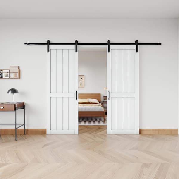 60 in. x 84 in.（Two 30 in. Slabs）WhiteH Style Primed Sliding Barn Door Slab With Soft Close and Hardware Kit