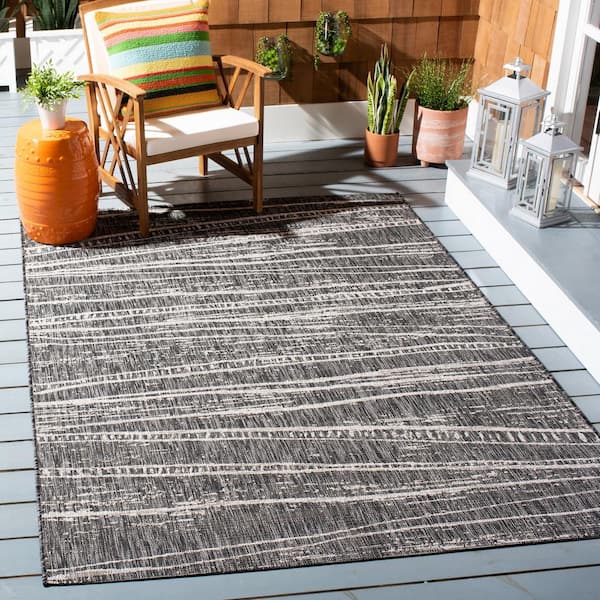 Courtyard Black/Ivory 4 ft. x 6 ft. Abstract Striped Indoor/Outdoor Patio Area Rug
