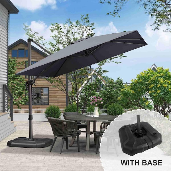 PURPLE LEAF 9 ft. Square Aluminum Outdoor Patio Cantilever Umbrella Offset 360° Rotation Umbrella with Base, Gray