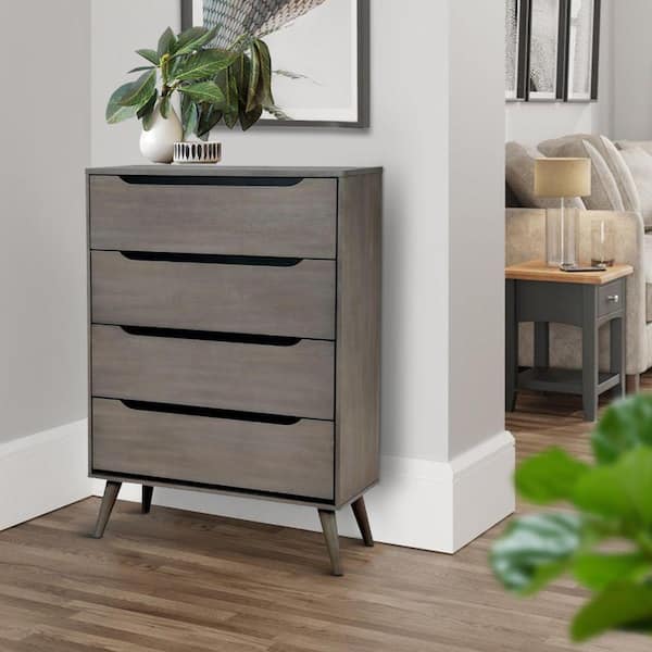 Benjara 4 Drawer Contemporary Wooden Chest with Metal Bar Handles Gray