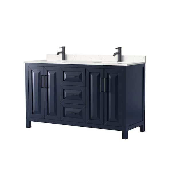 Wyndham Collection Daria 60 in. W x 22 in. D x 35.75 in. H Double Bath Vanity in Dark Blue with Carrara Cultured Marble Top