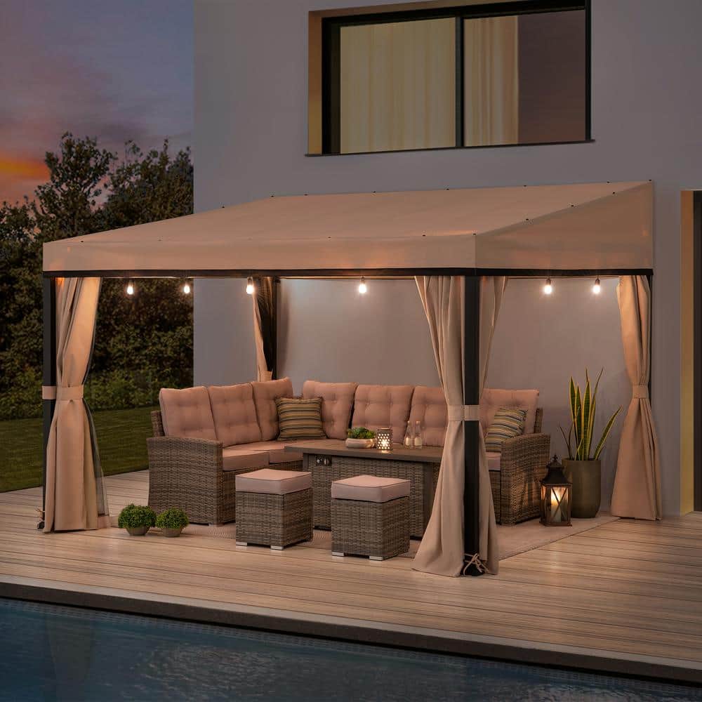 Sunjoy 10 x 12 ft Beige Aluminum Wall-Mounted Gazebo with Curtains