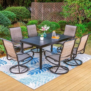 Black 7-Piece Metal Patio Outdoor Dining Set with Geometric Extendable Table and Padded Textilene Swivel Chairs