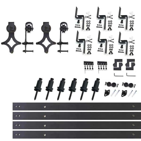 HOMACER 9 ft./108 in. Black Rustic Double Track Bypass Z-Shape Sliding Barn Door Hardware Kit - Diamond Design Roller