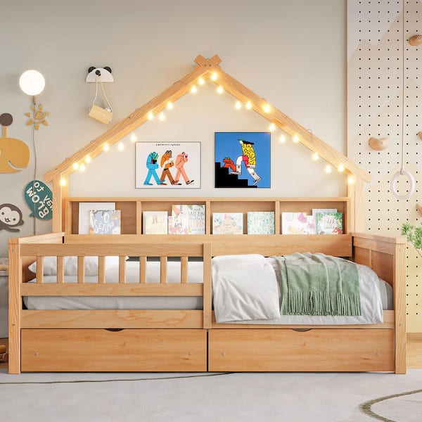 Natural Yellow Wood Frame Full Size House Platform Beds with LED, Storage Shelves, Drawers and Guardrail