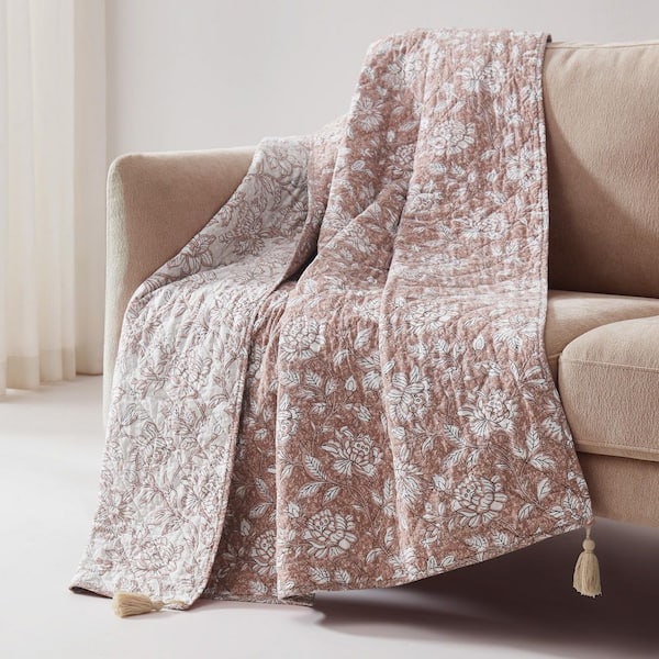 Zara Floral Block Reversible Terracotta Cotton Throw Blanket