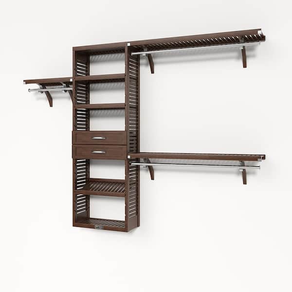 72 in. W - 120 in. W Chestnut Reach in with 2 Shaker Style Drawers 12 in. Shelf Wood Closet System
