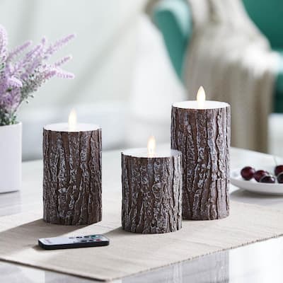Rustic Pine Bark LED Flameless Pillar Candles Set of 3 Brown Candles are Perfect for the Holidays
