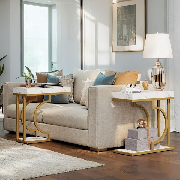 BYBLIGHT Kerlin 23.6 in. White and Gold Rectangle Wood Narrow End Table 2Tier Side Table with Metal Frame for Living Room 2-Piece